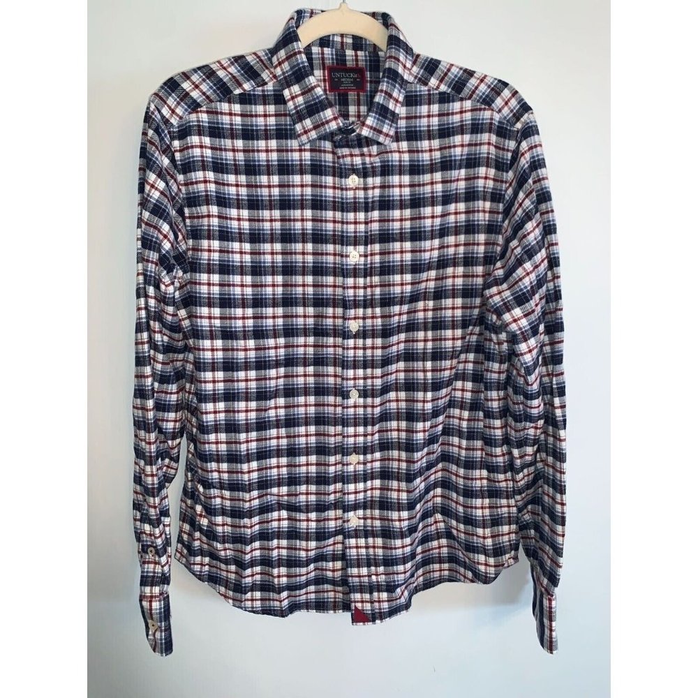 Untuckit Mens Kaesler Flannel Button Up Shirt Size M Slim Fit Blue Red Plaid